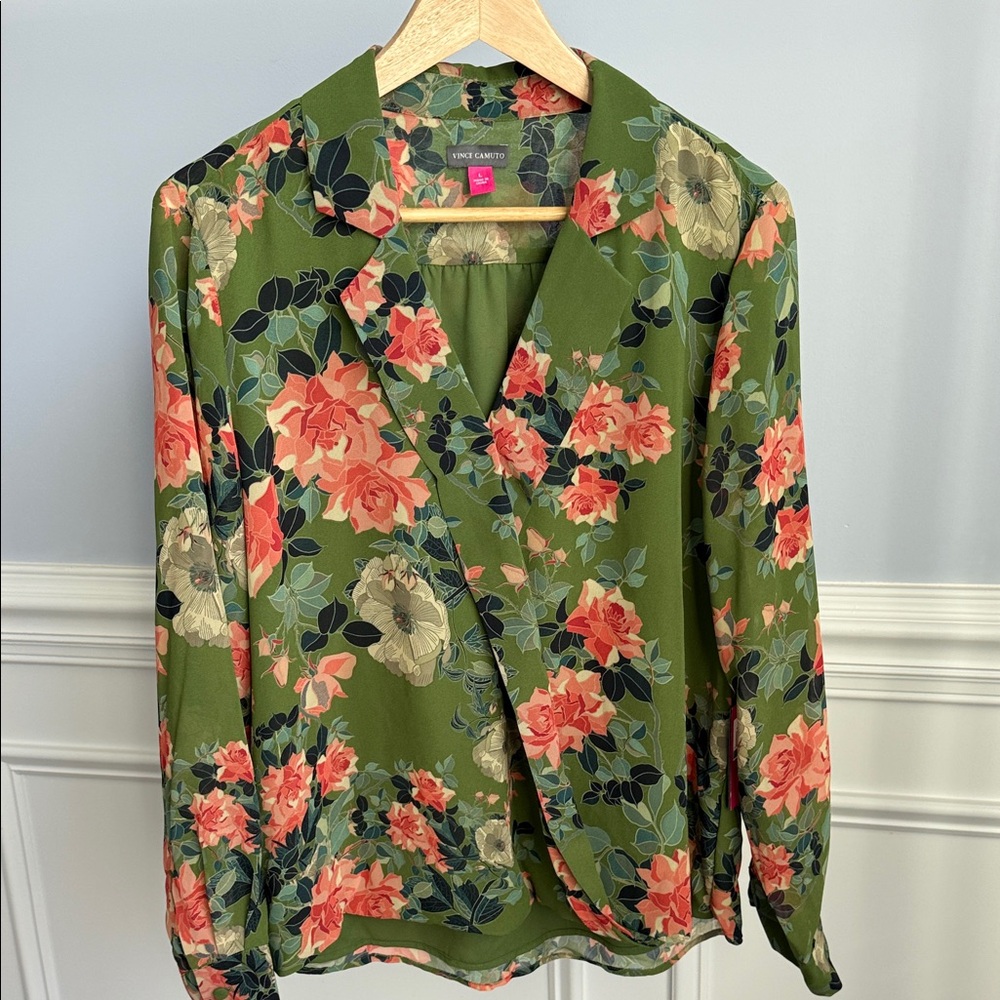 Vince Camuto Olive Green Floral Wrap Blouse with Coral and Cream Blooms
